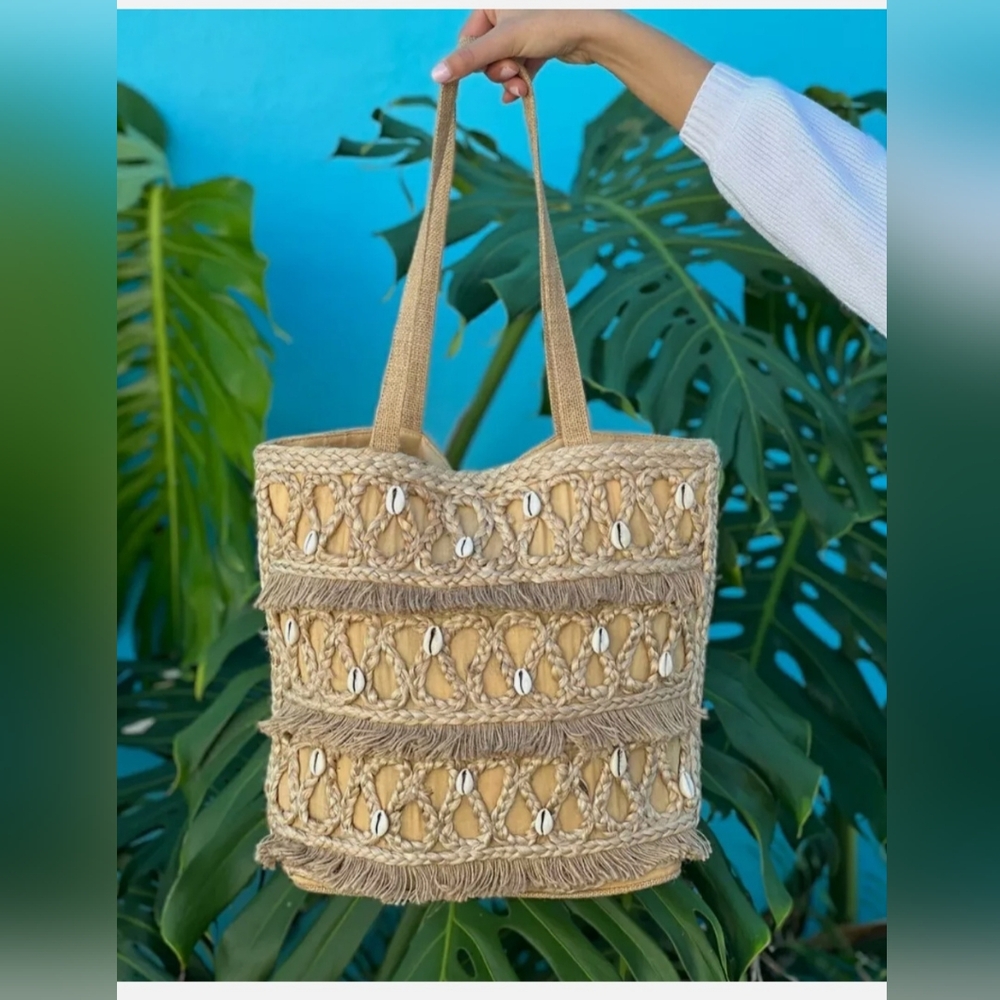 Elegant Tan Woven Tote with Shell Details